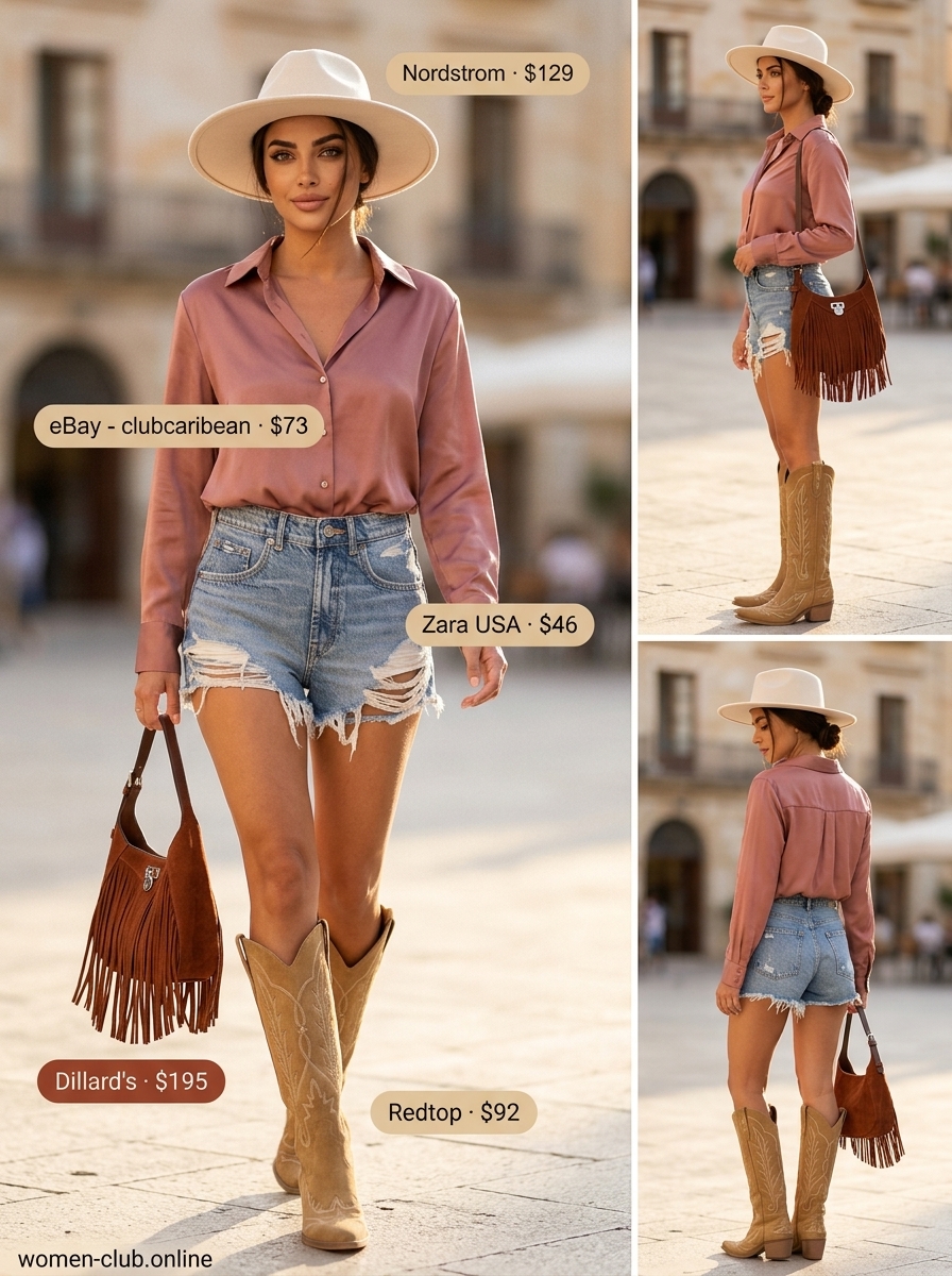 Colorful summer color block outfits for women 2026: Turquoise silk blouse, denim shorts, cowboy boots, and fringe bag for festivals.