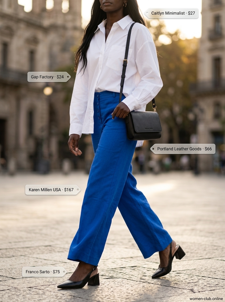 Colorful summer color block outfits for women 2026: Cobalt blue trousers, white shirt, and black slingbacks.