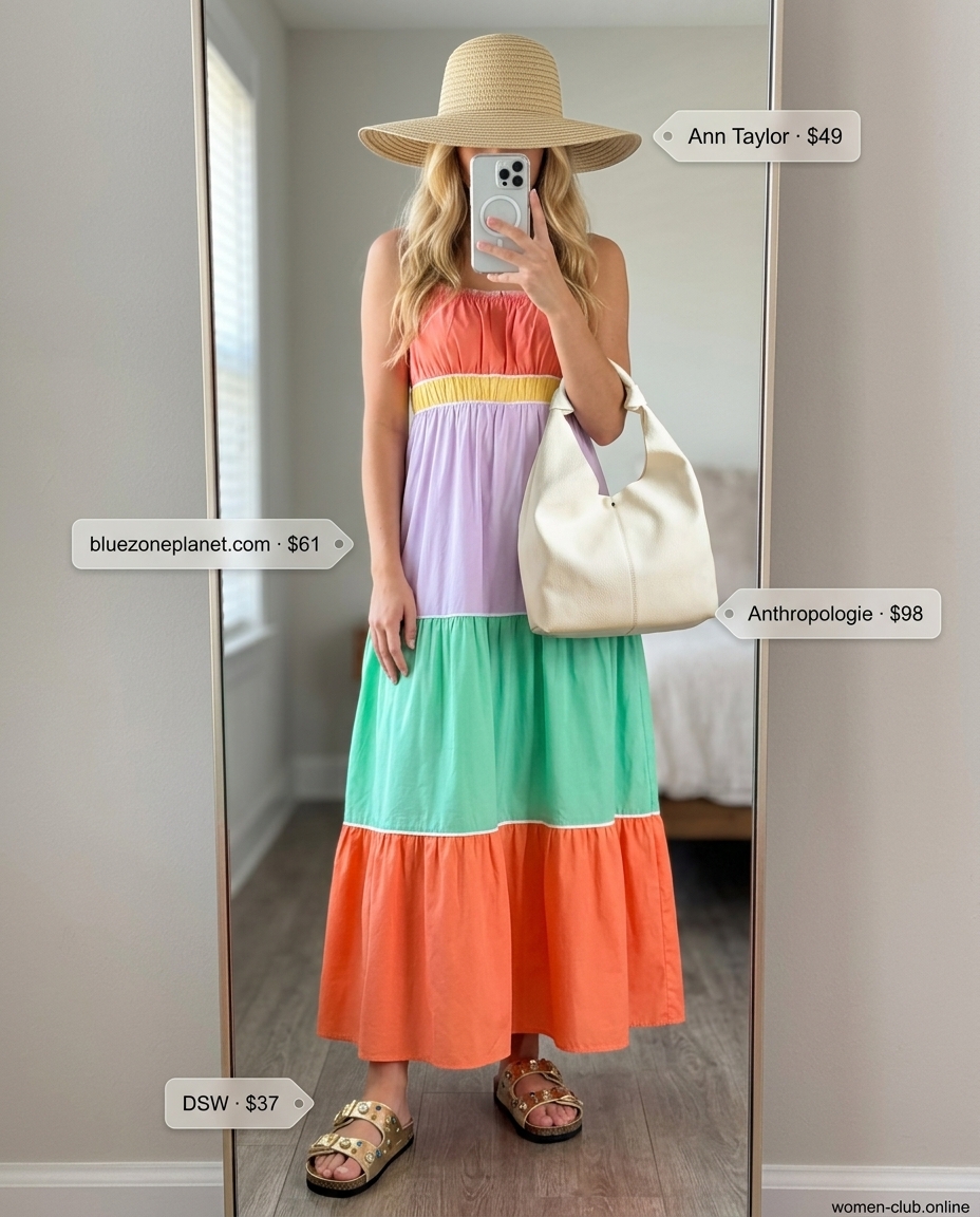 Colorful summer color block outfits for women 2026: Teal, coral, white maxi dress with straw hat and hobo bag.