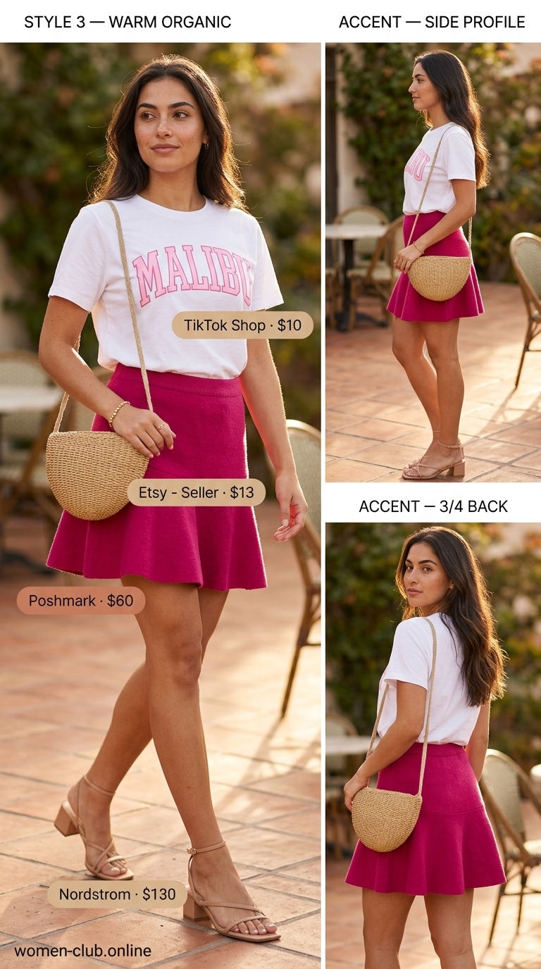 Colorful summer color block outfits for women 2026: Fuchsia mini skirt, white tee, and tan block heels.