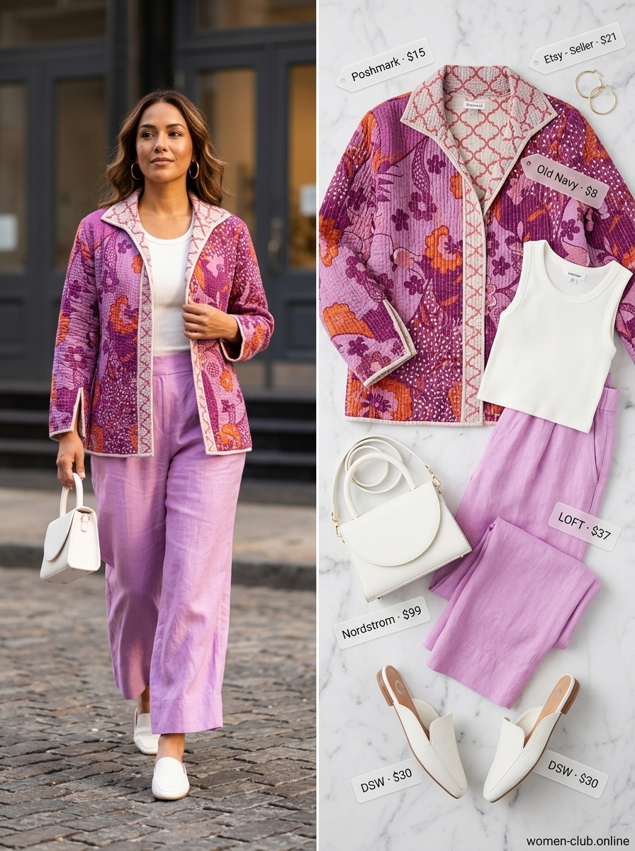 Colorful summer color block outfits for women 2026: Purple wide-leg pantsuit with orange lapels for a bold look.