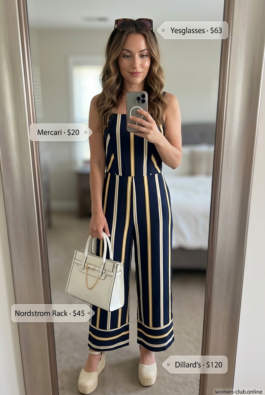 Colorful summer color block outfits for women 2026: Navy and white striped jumpsuit with yellow accents.