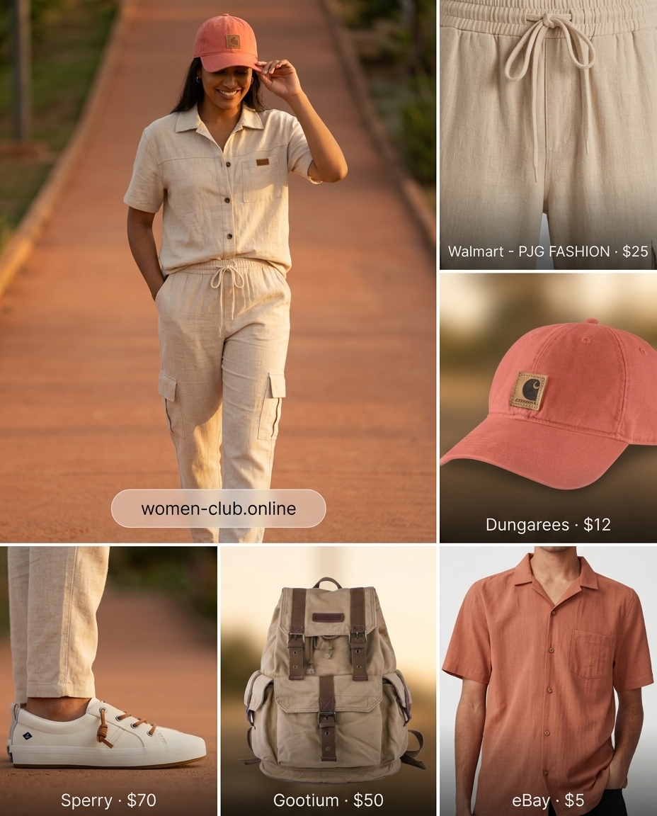 Colorful summer color block outfits for women 2026: Terracotta cargo pants and shirt set with canvas sneakers.
