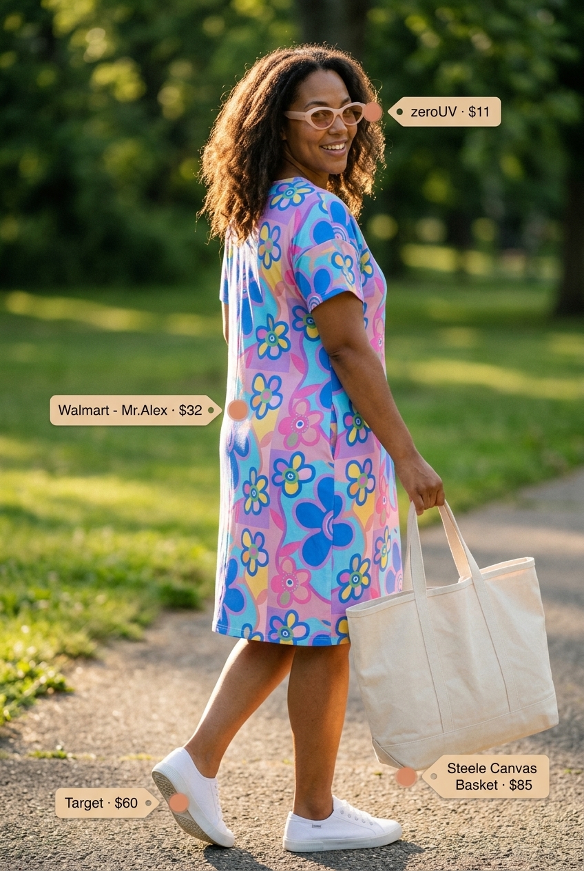 Colorful summer color block outfits for women 2026: Abstract print mini sundress with white sneakers and colorful sunglasses.