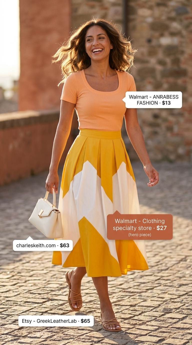 Colorful summer color block outfits for women 2026: Yellow midi skirt with orange top and tan sandals for a brunch.