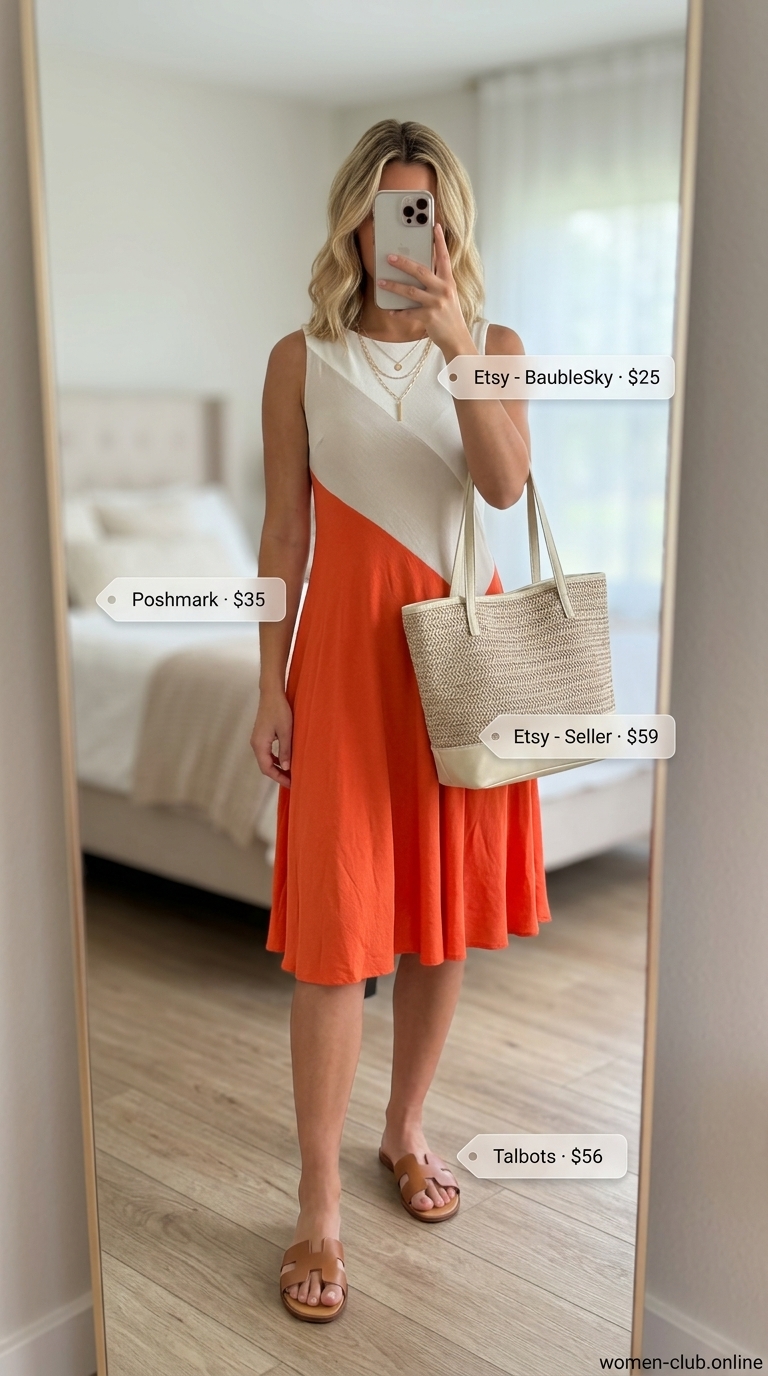 Cheerful orange and yellow color block midi dress for colorful summer color block outfits for women 2026.