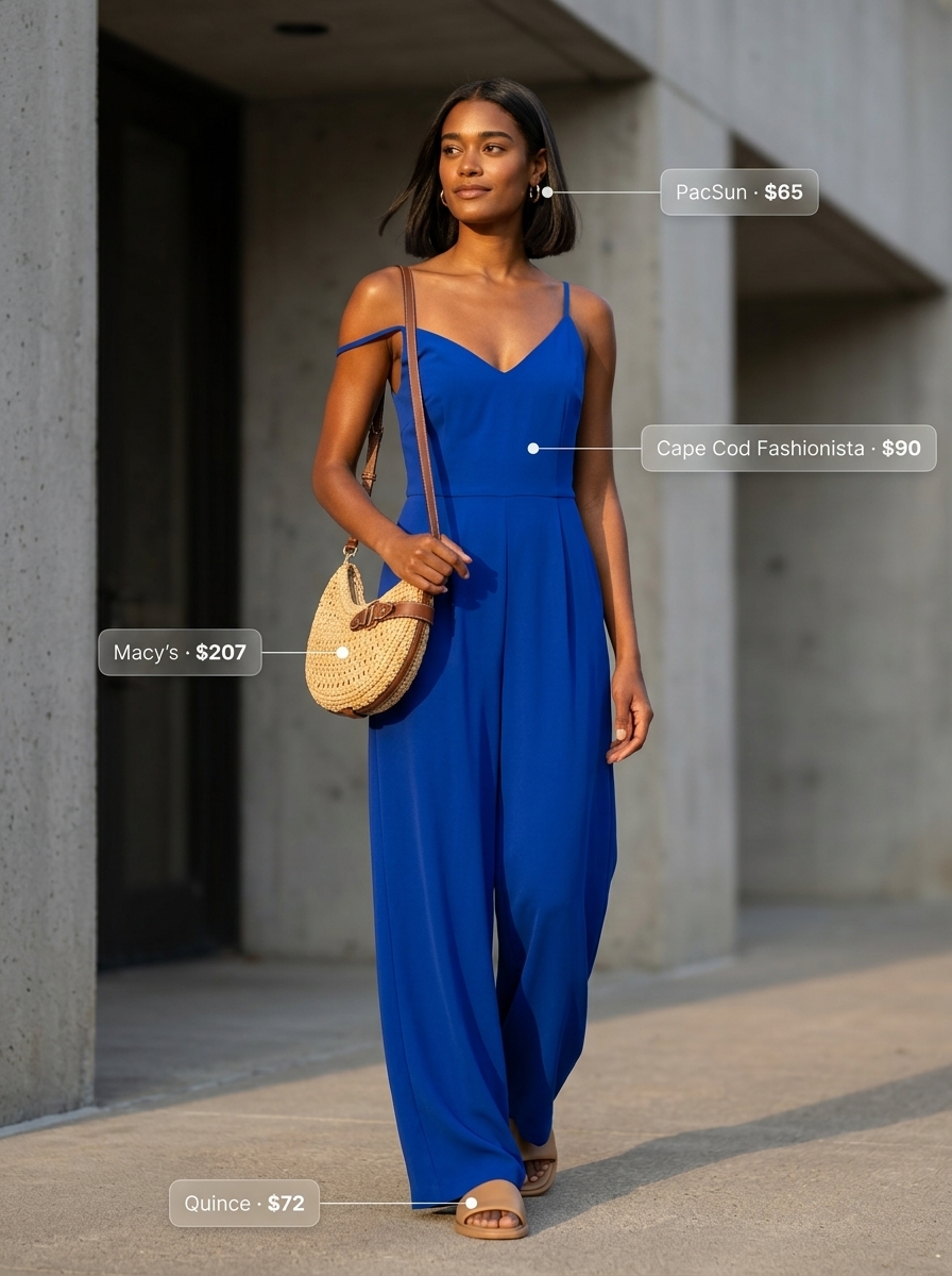 Effortless cobalt blue jumpsuit for colorful summer color block outfits for women 2026. Perfect for travel.