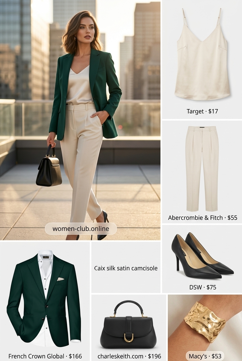 Chic emerald green blazer with cream trousers for colorful summer color block outfits for women 2026.