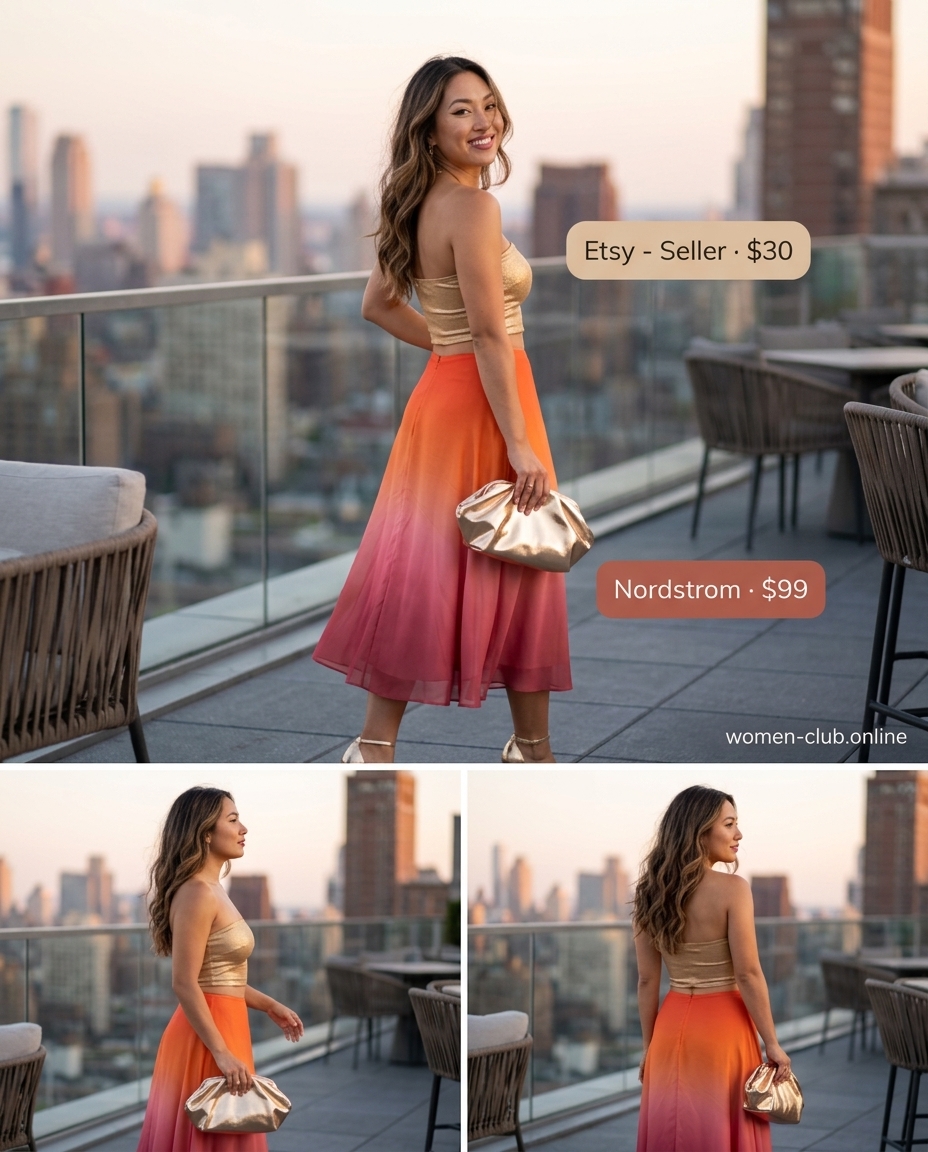 Colorful summer color block outfits for women 2026: Sunset orange and pink gradient two-piece set with gold accessories.