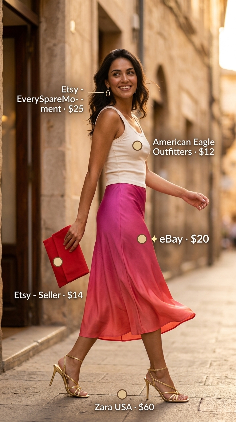 Colorful summer color block outfits for women 2026: Pink to coral gradient midi skirt with cream tank and gold sandals.