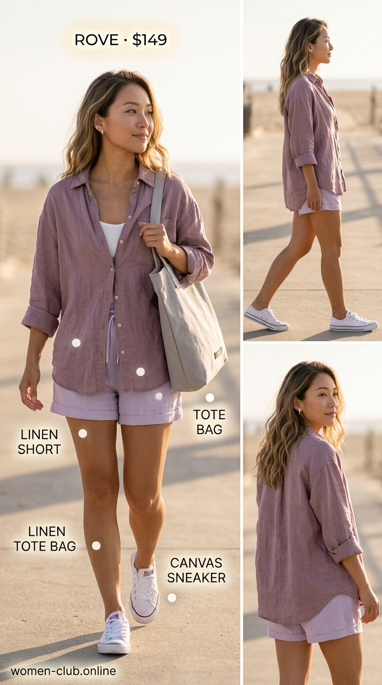 Minimalist lavender linen set for colorful summer color block outfits for women 2026. Ideal for casual outings.
