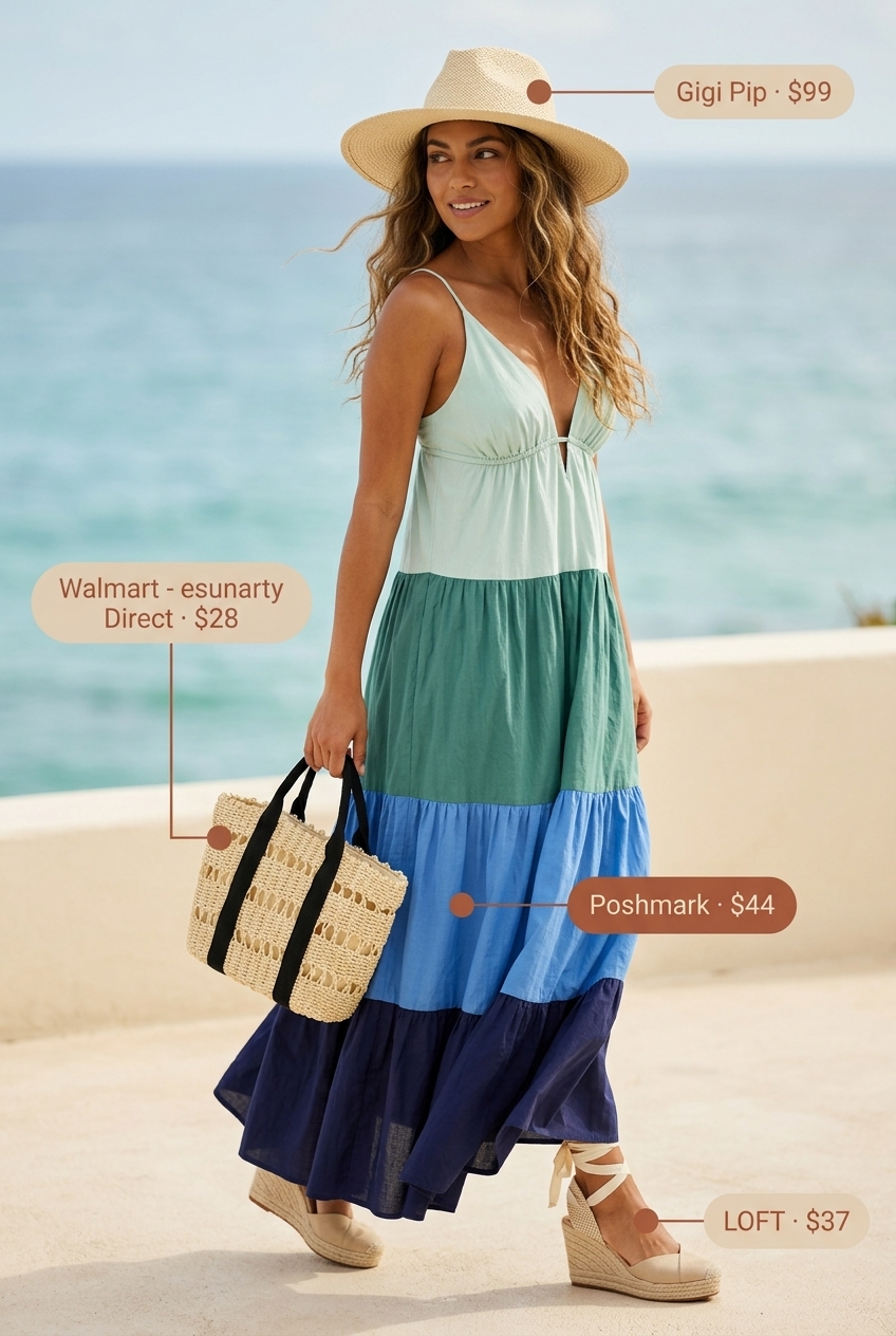 Colorful summer color block outfits for women 2026: Teal and navy color-blocked maxi dress with straw accessories.