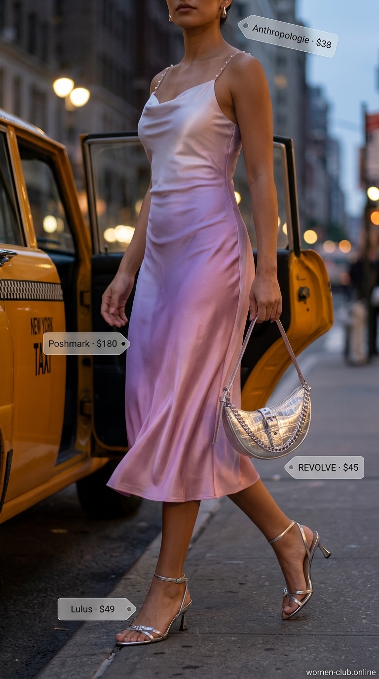 Colorful summer color block outfits for women 2026: Lavender to blush pink ombre slip dress with silver accessories.