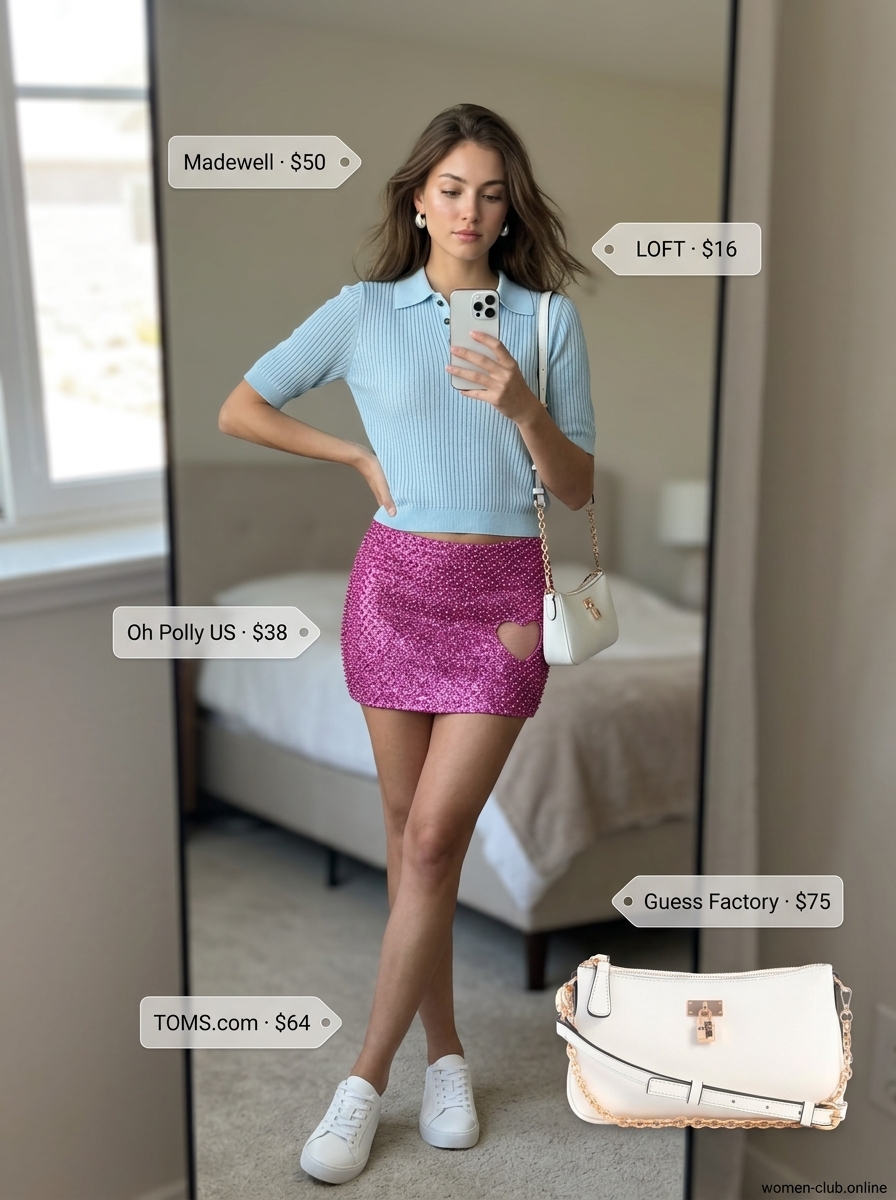 Playful pink A-line skirt with blue knit polo for colorful summer color block outfits for women 2026.