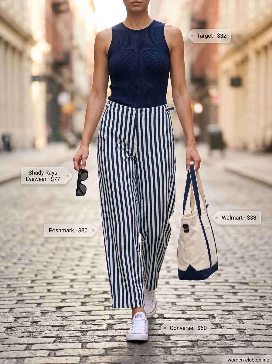 Colorful summer color block outfits for women 2026: Navy and white striped wide-leg pants with a navy turtleneck top.