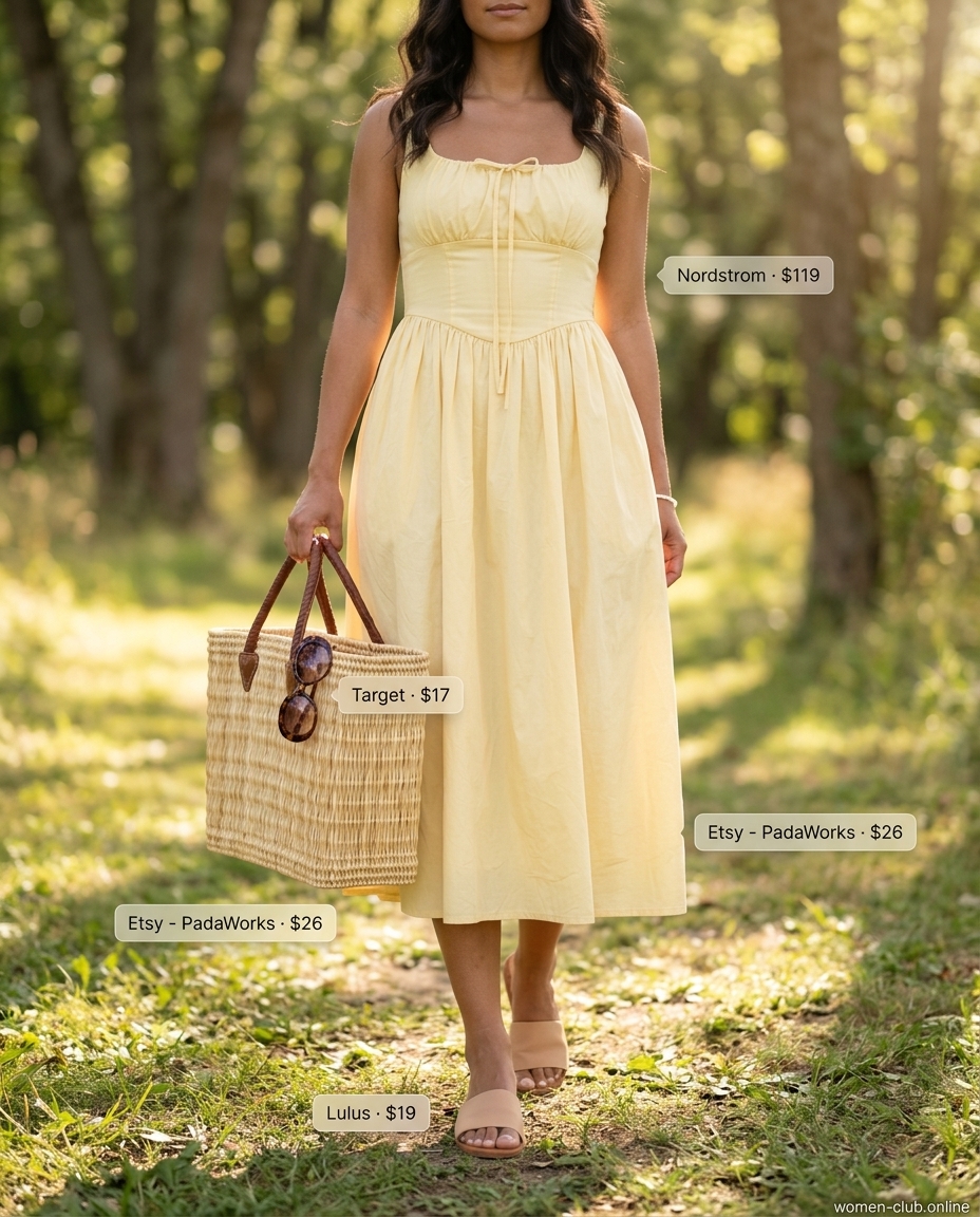 Colorful summer color block outfits for women 2026: Lemon yellow and coral color-blocked midi sundress with straw tote.