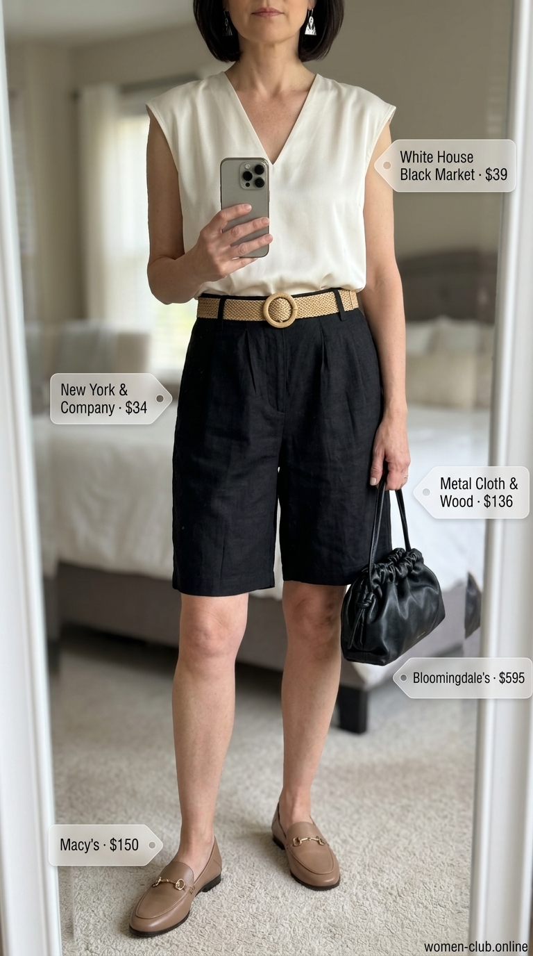 Comfortable Summer Outfit for Women Over 50 2026: Chic Dinner Style Comfortable summer outfit for women over 50 2026: Black linen shorts, cream satin blouse, leather loafers for a chic dinner.