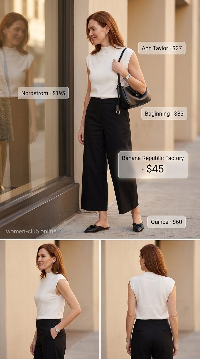 Comfortable Summer Outfit for Women Over 50 2026: City Comfort Comfortable summer outfit for women over 50 2026: Black cropped trousers, ivory knit top, pointed mules, silver watch, leather bag.