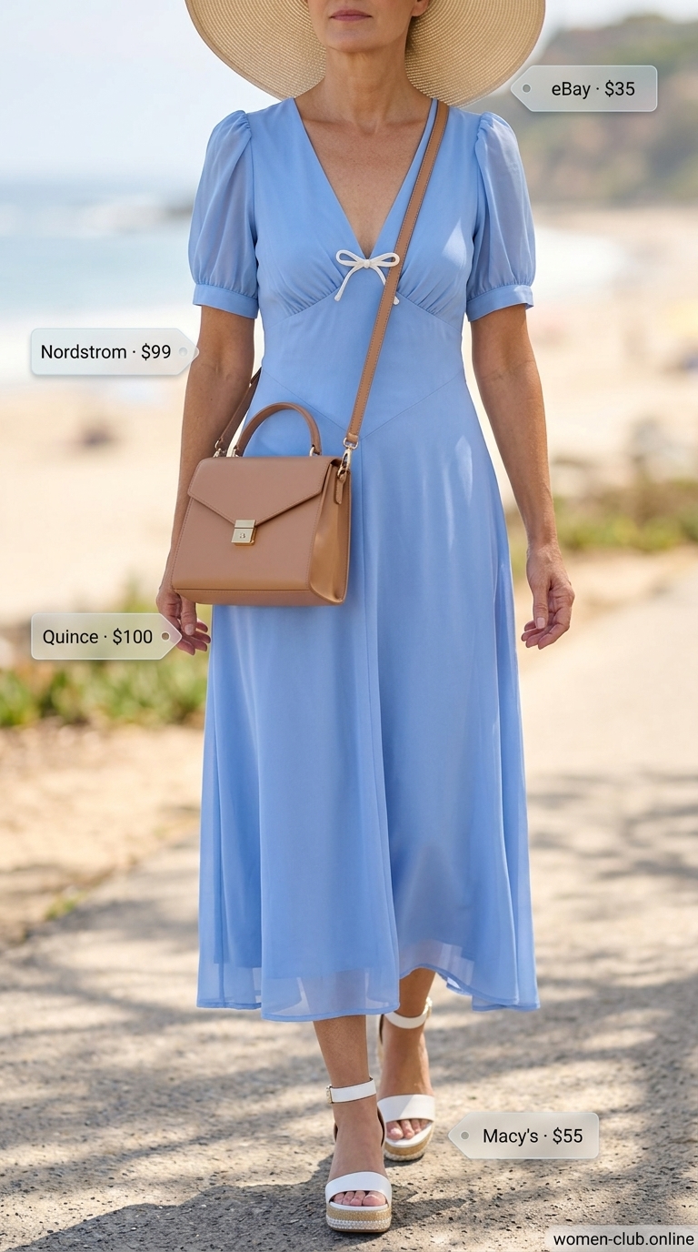 Comfortable Summer Outfit for Women Over 50 2026: Azure Getaway Comfortable summer outfit for women over 50 2026: Sky blue midi dress, espadrille wedges, straw hat, crossbody bag.