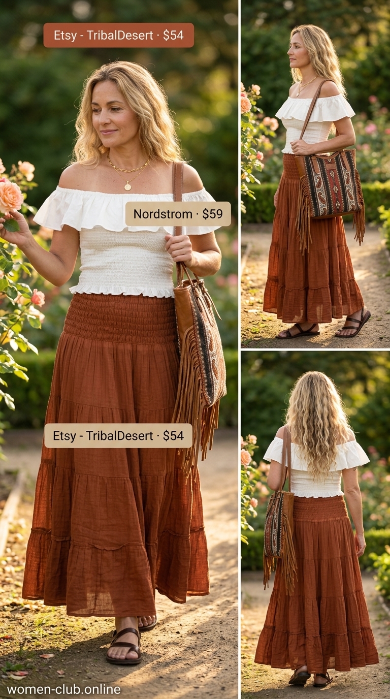 Comfortable Summer Outfit for Women Over 50 2026: Boho Festival Comfortable summer outfit for women over 50 2026: Rust maxi skirt, ivory off-shoulder top, strappy sandals, layered necklaces.