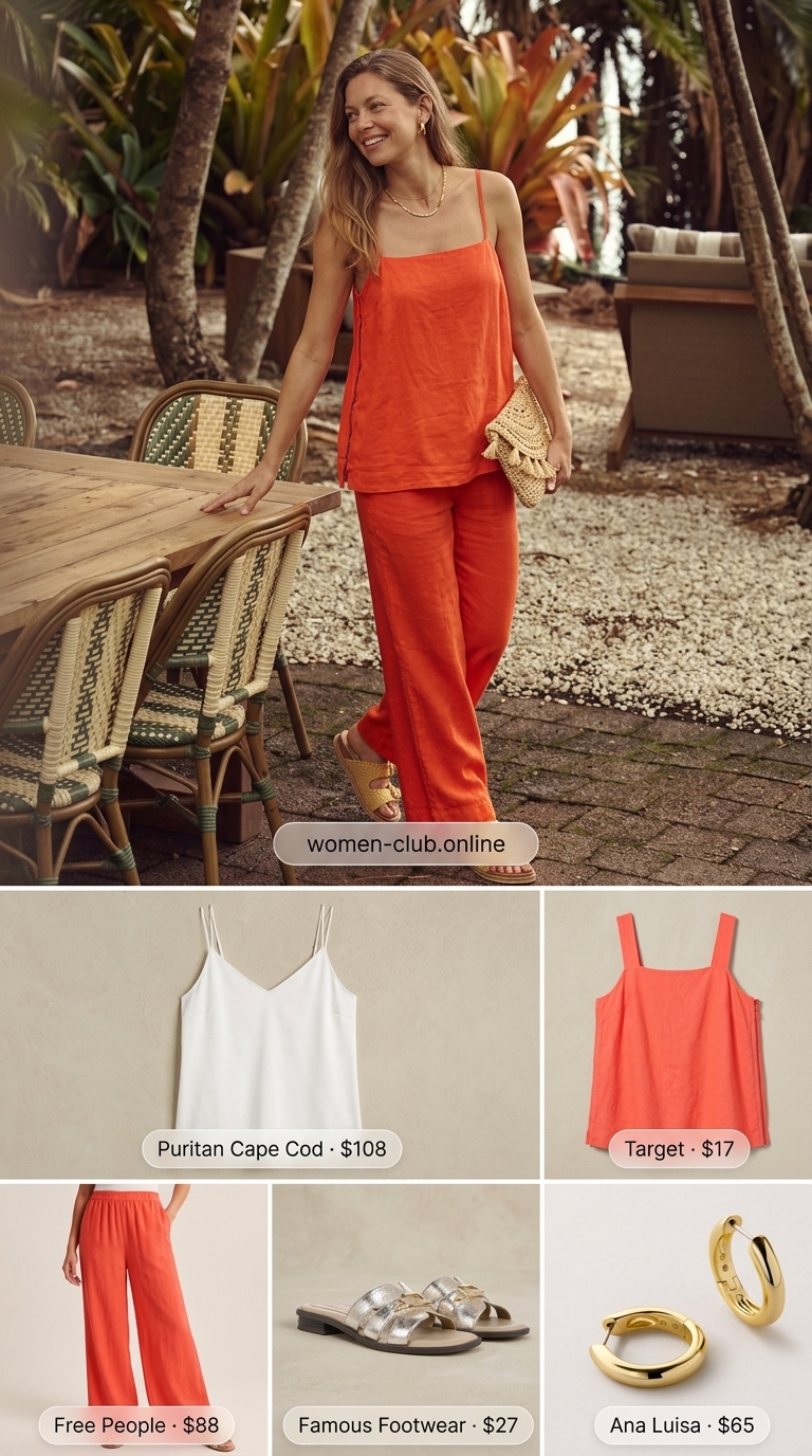 Comfortable Summer Outfit for Women Over 50 2026: Tropical Co-ord Comfortable summer outfit for women over 50 2026: Coral linen set, gold hoops, metallic sandals, woven clutch.