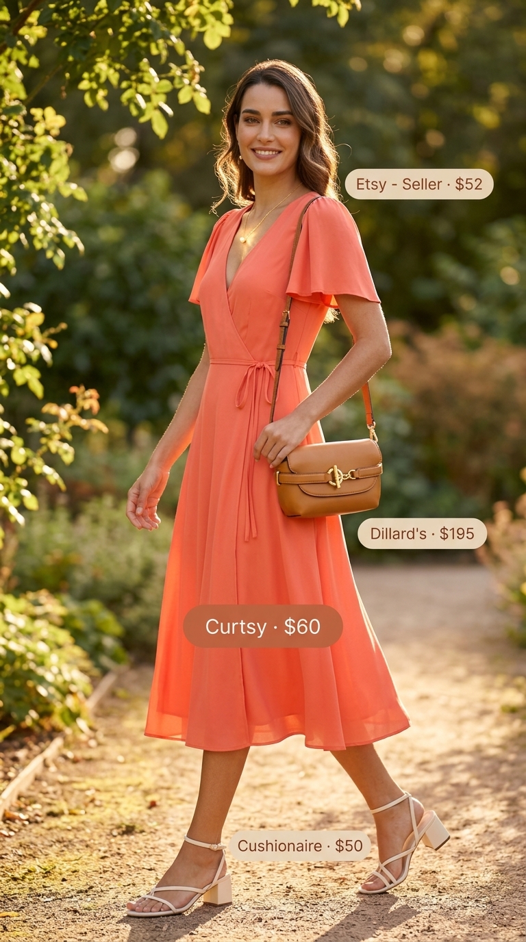 Comfortable Summer Outfit for Women Over 50 2026: Garden Party Dress Comfortable summer outfit for women over 50 2026: Coral wrap dress, block heel sandals for a garden party.