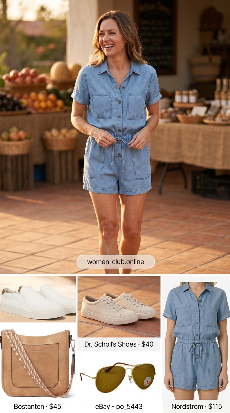 Comfortable Summer Outfit for Women Over 50 2026: Weekend Romper Comfortable summer outfit for women over 50 2026: Denim romper, white sneakers, tan crossbody bag, aviator sunglasses.