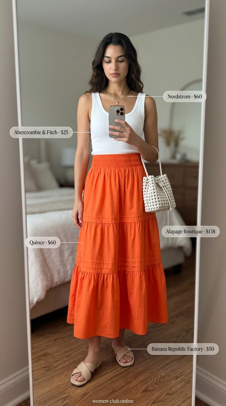 Comfortable Summer Outfit for Women Over 50 2026: Maxi Skirt Elegance Comfortable summer outfit for women over 50 2026: Dusty rose maxi skirt, white peasant blouse for a pier stroll.