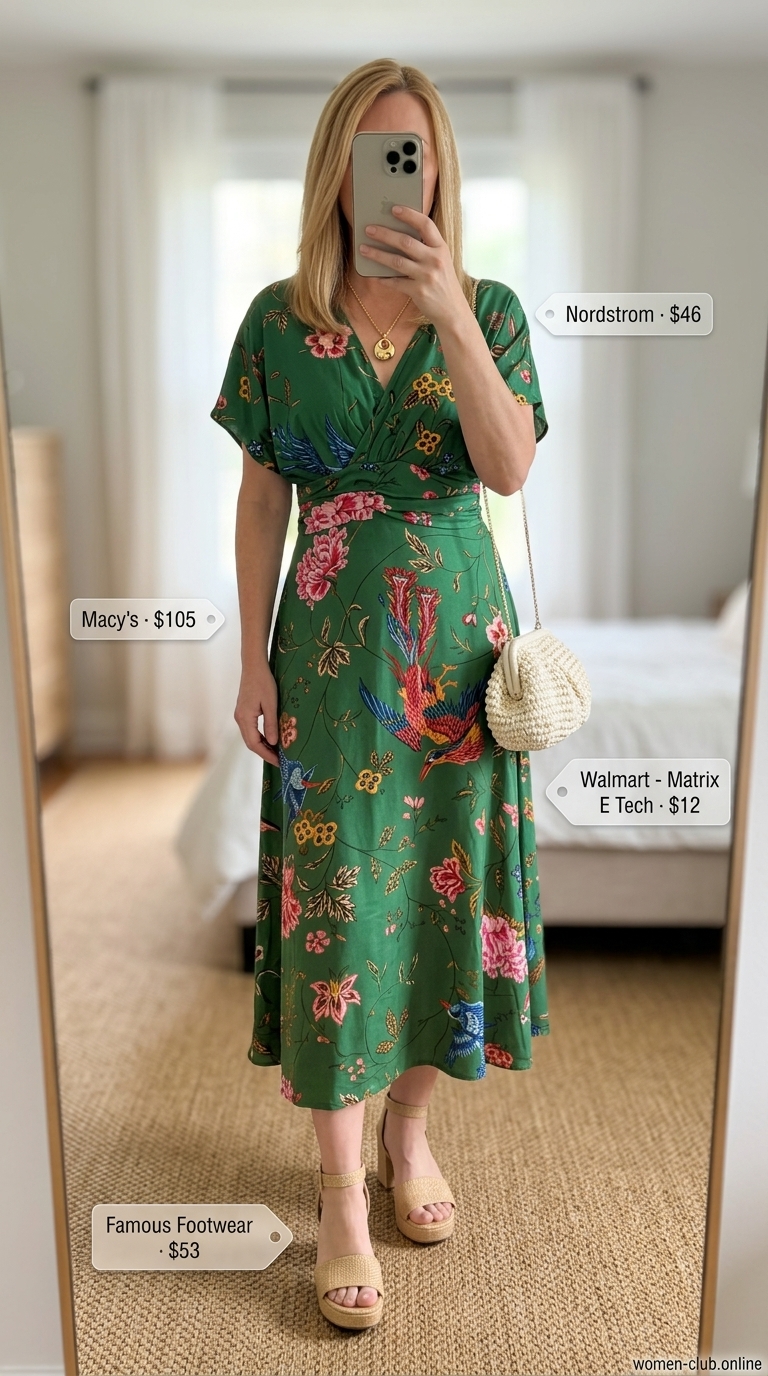 Comfortable Summer Outfit for Women Over 50 2026: Floral Dress Comfortable summer outfit for women over 50 2026: Emerald green floral dress, block heels for a garden visit.