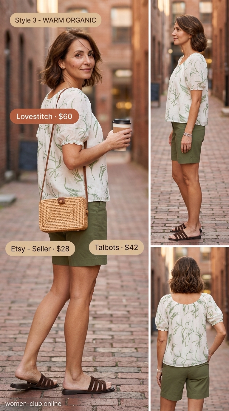 Comfortable Summer Outfit for Women Over 50 2026: Garden Brunch Comfortable summer outfit for women over 50 2026: Floral blouse, olive shorts, brown slides, woven bag, stud earrings.