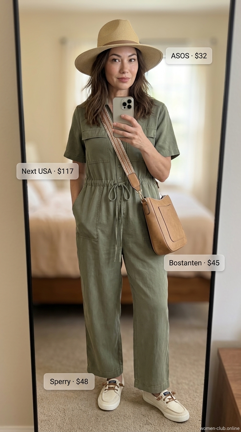 Comfortable Summer Outfit for Women Over 50 2026: Utility Jumpsuit Comfortable summer outfit for women over 50 2026: Khaki jumpsuit, white sneakers for travel.