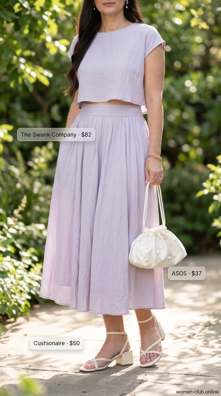Comfortable Summer Outfit for Women Over 50 2026: Linen Set Comfortable summer outfit for women over 50 2026: Lavender linen set, pearl clutch for luncheon.