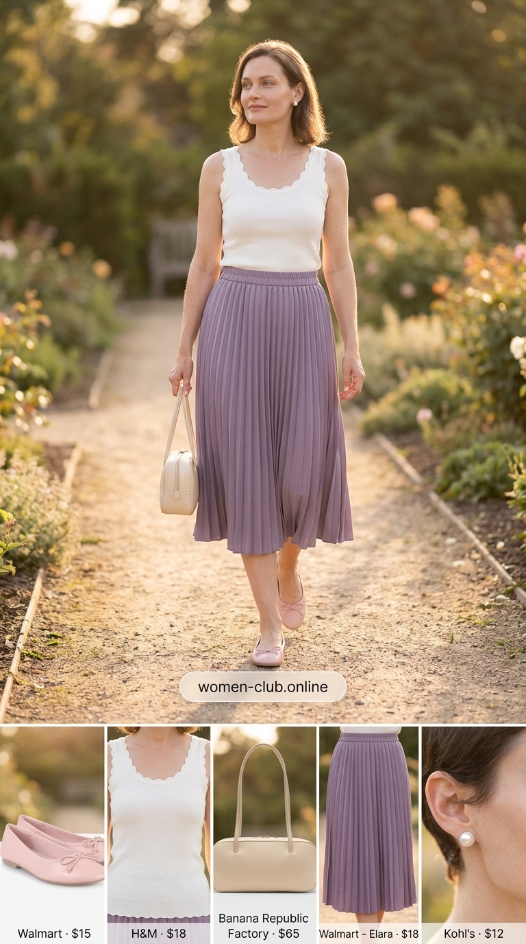 Comfortable Summer Outfit for Women Over 50 2026: Lavender Tea Comfortable summer outfit for women over 50 2026: Lavender midi skirt, white shell top, nude ballet flats, structured top-handle bag.