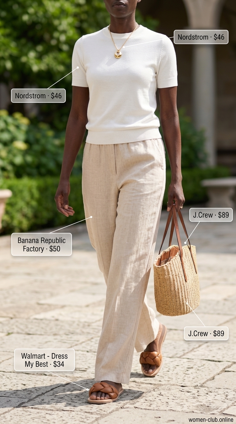 Comfortable Summer Outfit for Women Over 50 2026: Linen Lunch Comfortable summer outfit for women over 50 2026: Beige linen pants, ivory knit top, straw tote, braided slides, gold necklace.