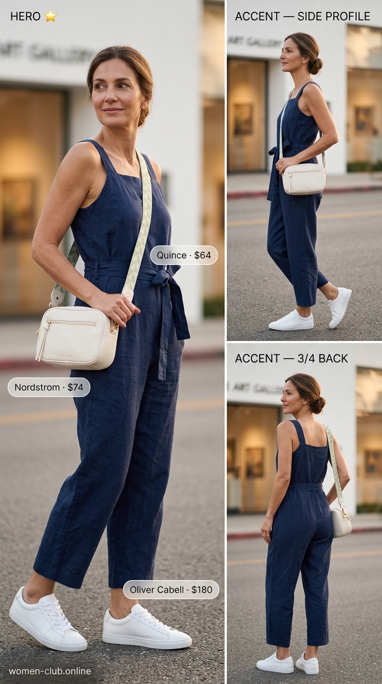 Comfortable Summer Outfit for Women Over 50 2026: Urban Jumpsuit Comfortable summer outfit for women over 50 2026: Navy wide-leg jumpsuit, white sneakers, silver earrings, structured crossbody bag.