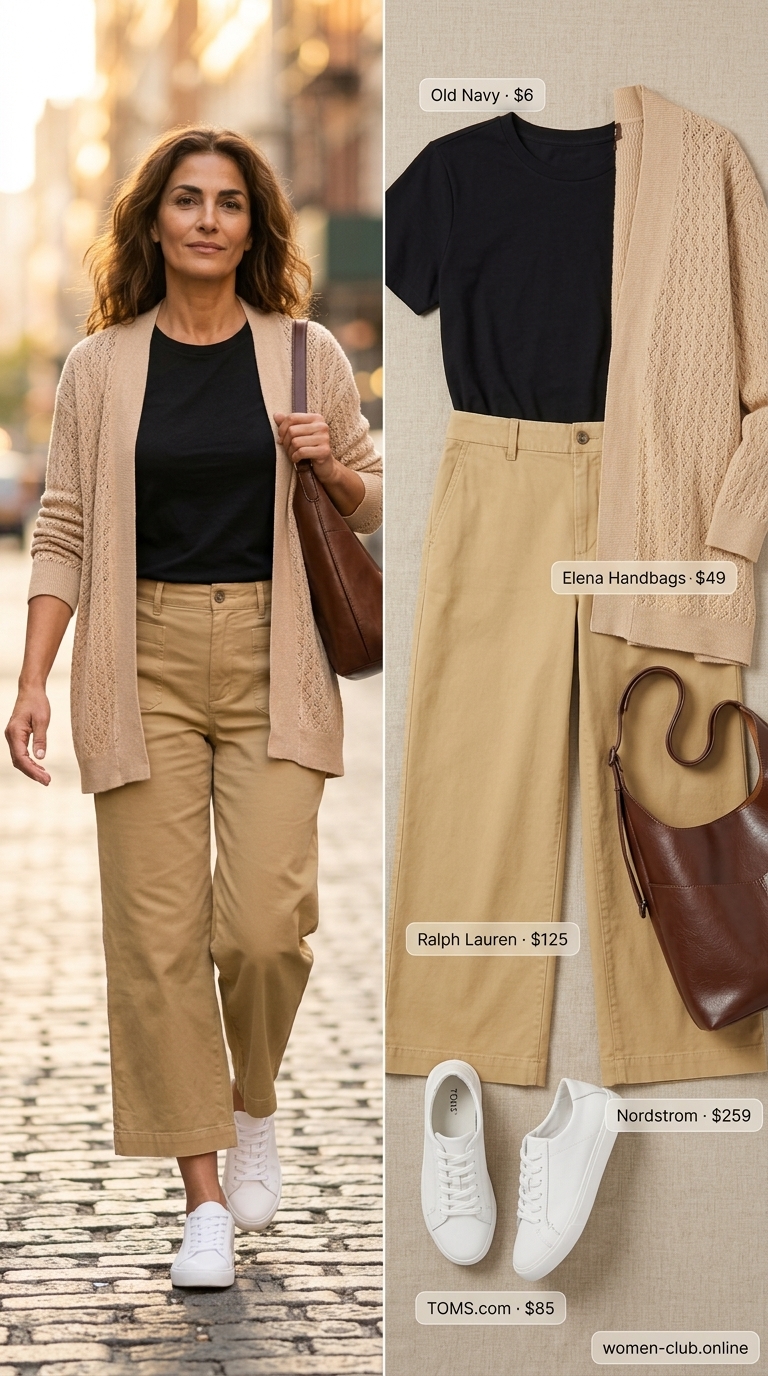 Comfortable Summer Outfit for Women Over 50 2026: Casual Trousers Comfortable summer outfit for women over 50 2026: Olive green trousers, white tee, knit cardigan for art walk.