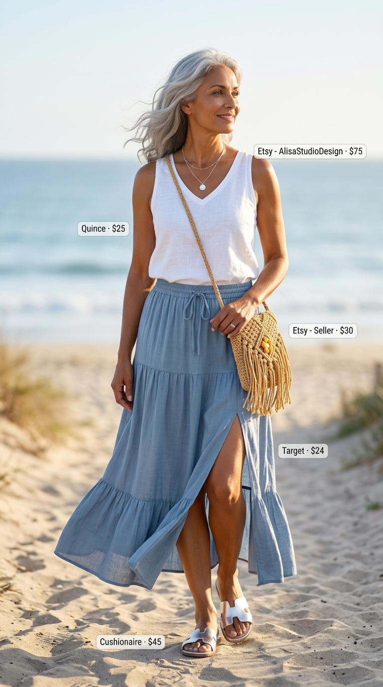 Comfortable Summer Outfit for Women Over 50 2026: Boho Maxi Skirt Comfortable summer outfit for women over 50 2026: Soft blue maxi skirt, white tank for beachside.