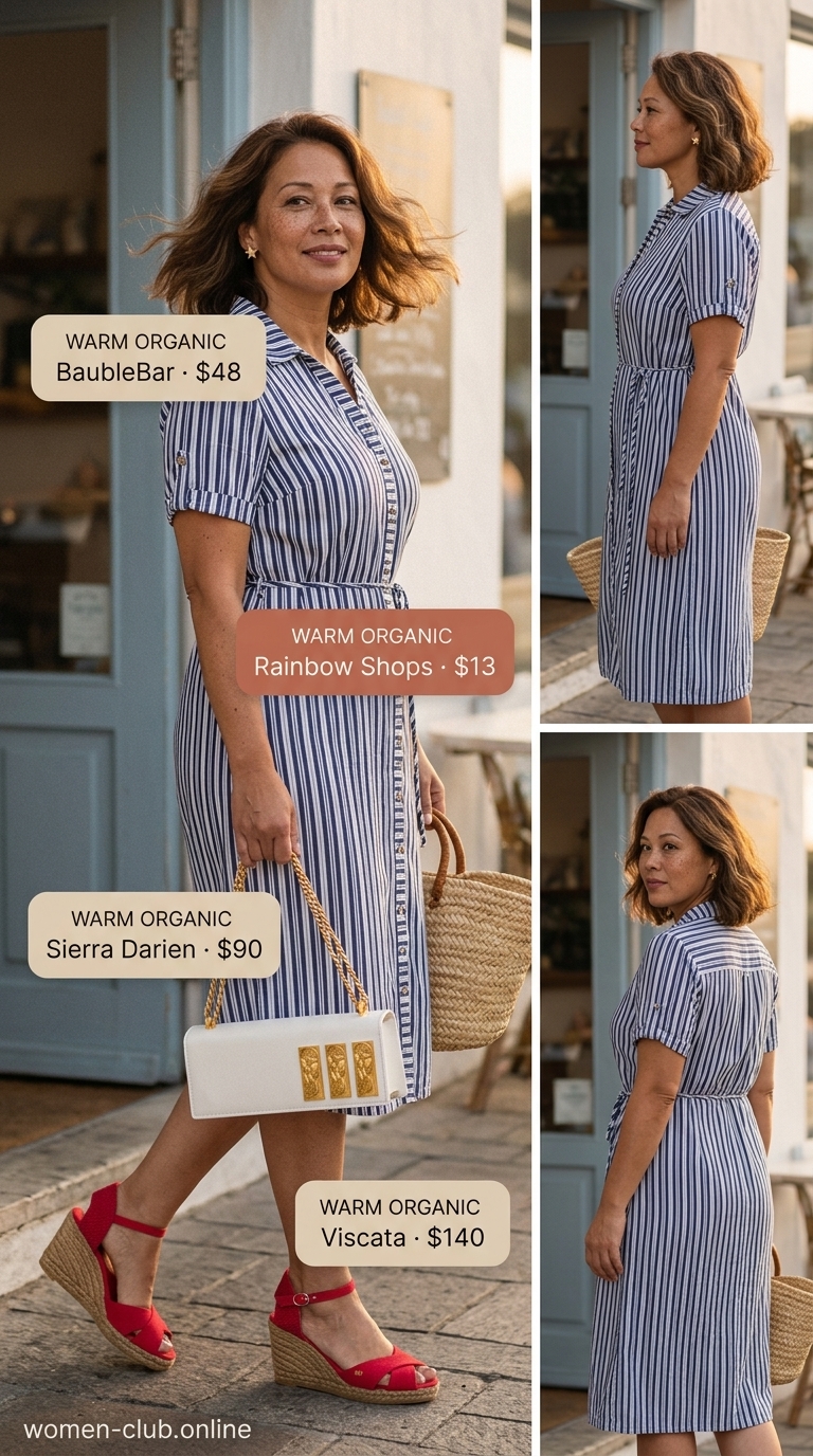 Comfortable Summer Outfit for Women Over 50 2026: Maritime Dress Comfortable summer outfit for women over 50 2026: Blue stripe midi dress, red espadrilles, white shoulder bag, gold earrings.
