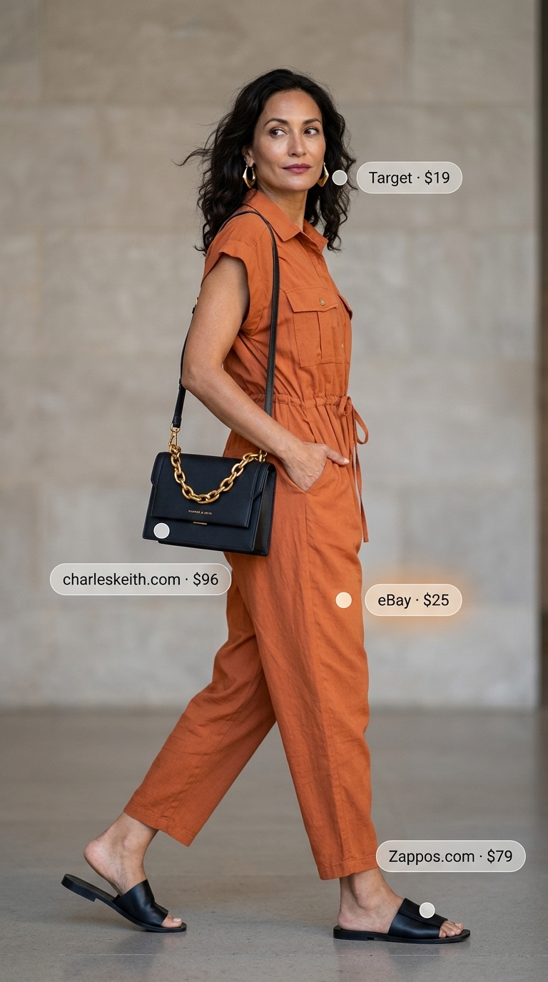 Comfortable Summer Outfit for Women Over 50 2026: Jumpsuit Style Comfortable summer outfit for women over 50 2026: Terracotta jumpsuit, black slides for a casual dinner.