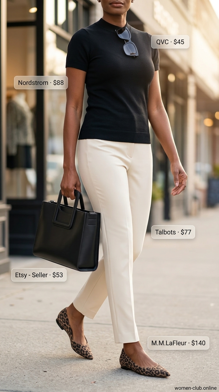 Comfortable Summer Outfit for Women Over 50 2026: Chic Office Casual Comfortable summer outfit for women over 50 2026: Beige tailored pants, black knit top, leopard mules for office casual.