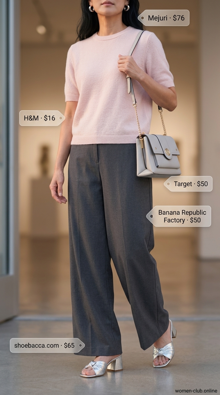 Comfortable Summer Outfit for Women Over 50 2026: Gallery Opening Style Comfortable summer outfit for women over 50 2026: Charcoal trousers, blush sweater for gallery openings.