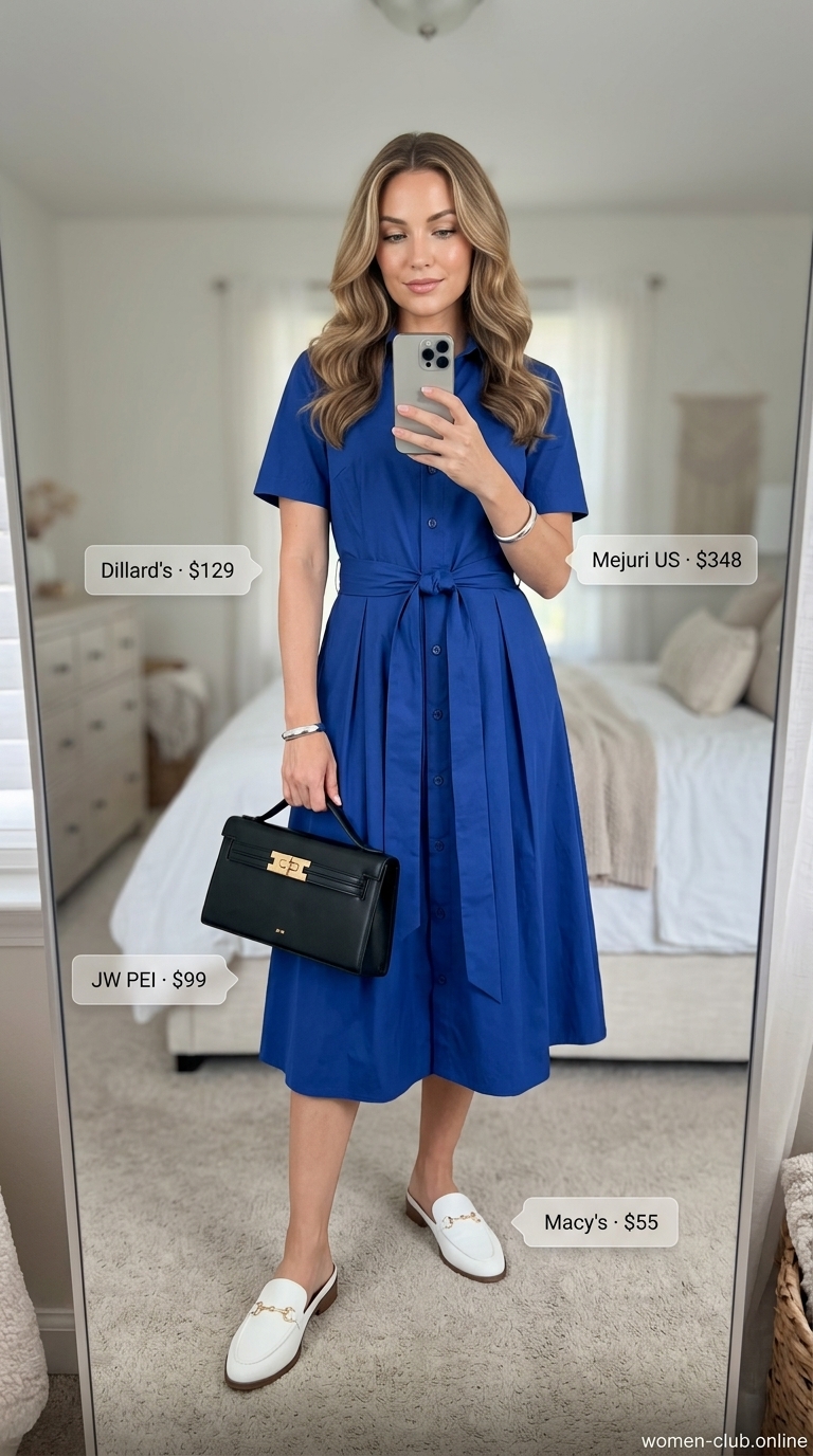 Comfortable Summer Outfit for Women Over 50 2026: Gallery Visit Style Comfortable summer outfit for women over 50 2026: Cobalt blue shirt dress for art gallery visits.