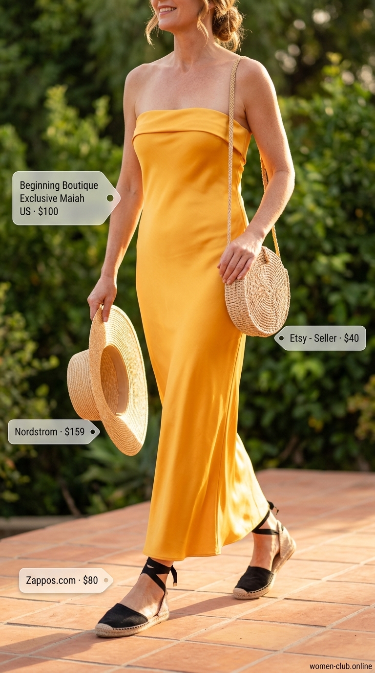 Comfortable Summer Outfit for Women Over 50 2026: Golden Hour Resort Comfortable summer outfit for women over 50 2026: Flowy marigold maxi dress for festivals and vacation dinners.