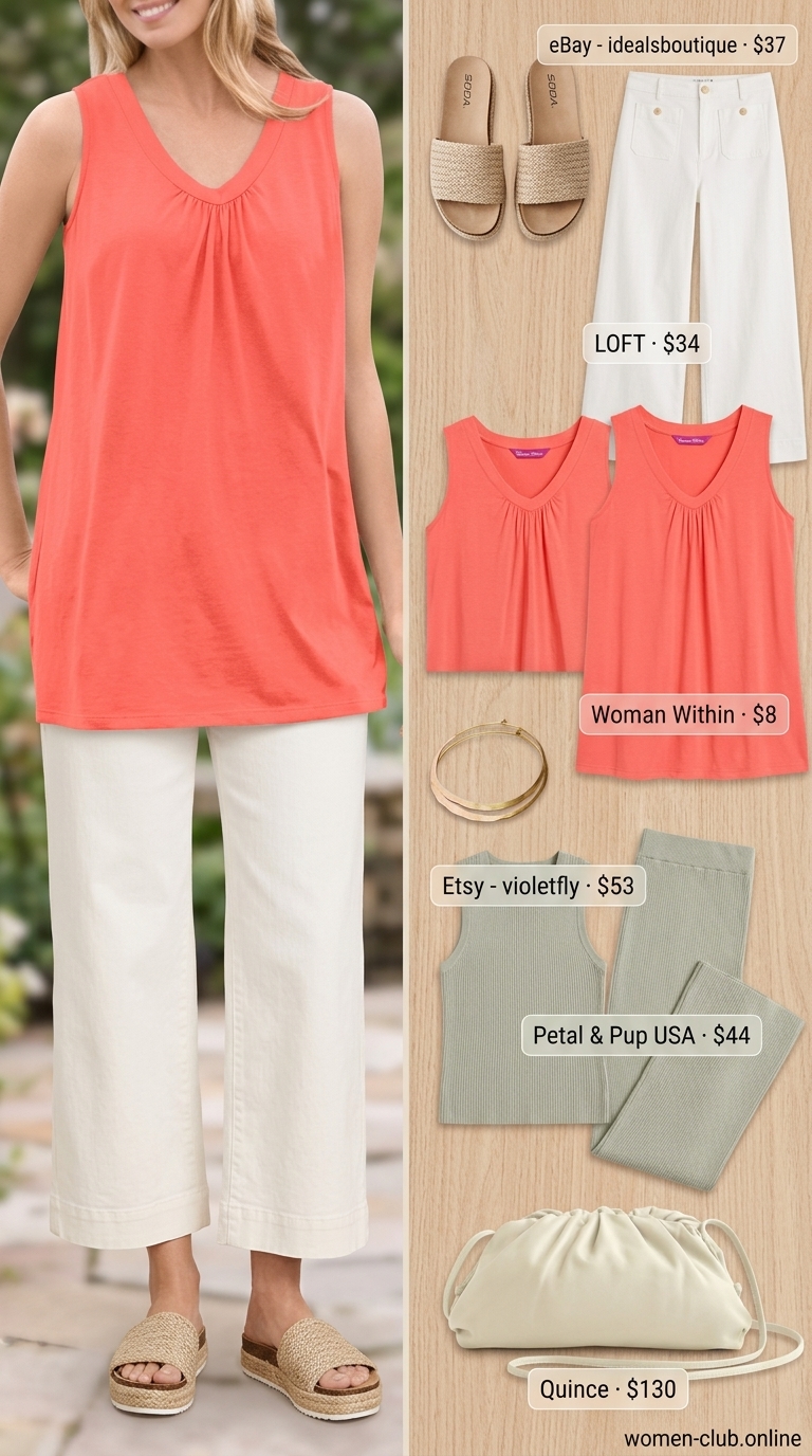 Comfortable Summer Outfit for Women Over 50 2026: Patio Lunch Style Comfortable summer outfit for women over 50 2026: Coral tunic top, white pants for patio lunches.