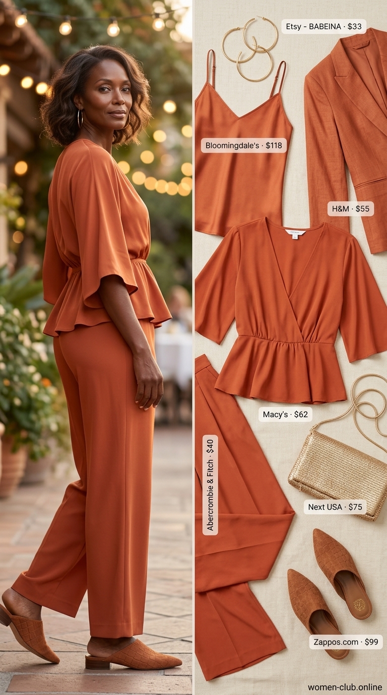 Comfortable Summer Outfit for Women Over 50 2026: Resort Dinner Chic Comfortable summer outfit for women over 50 2026: Terracotta matching set for resort dinners.