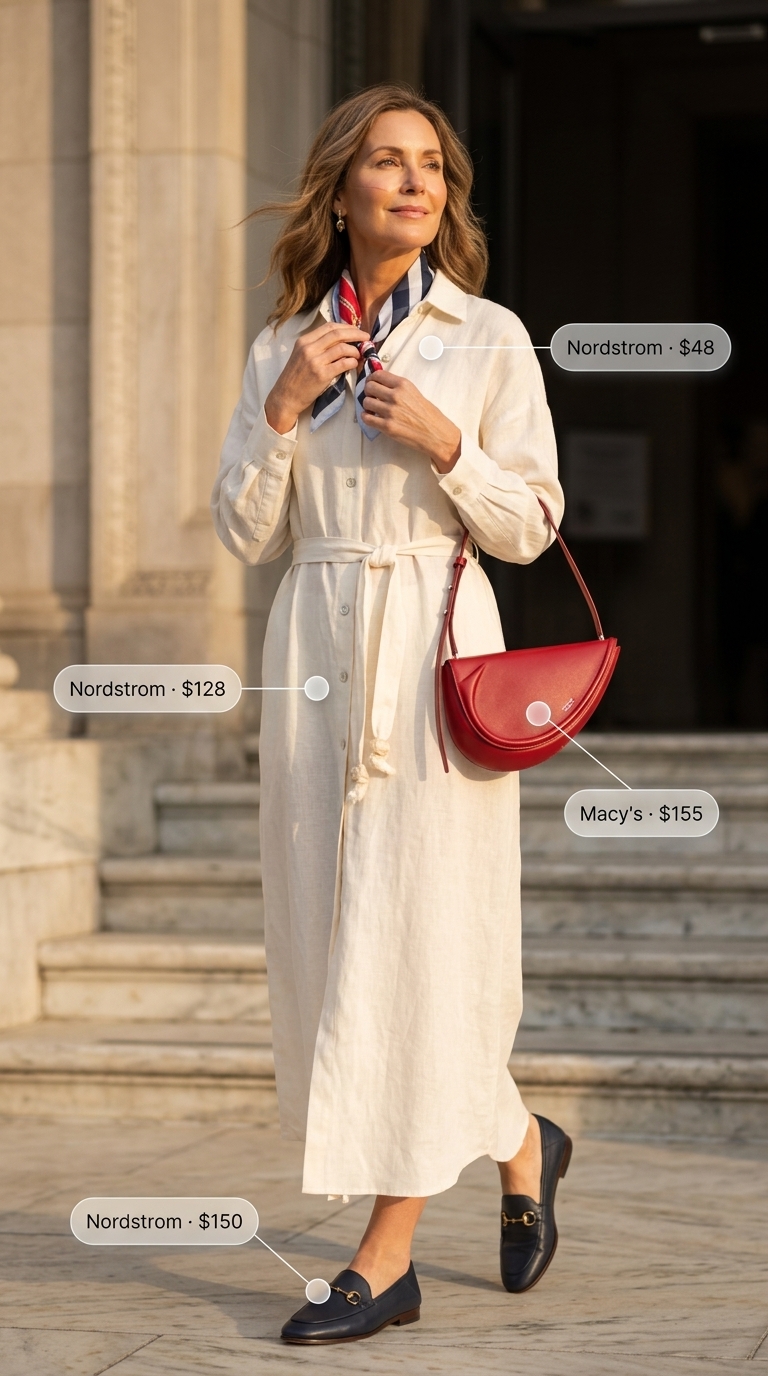Comfortable Summer Outfit for Women Over 50 2026: Riviera Chic Comfortable summer outfit for women over 50 2026: White linen shirt dress for daytime events.