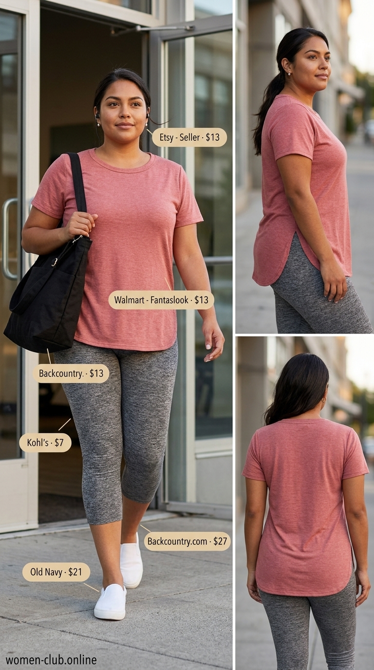 Comfy Plus Size Summer Outfits 2026: Athleisure Style Comfy plus size summer outfits for women 2026: Heather grey knit capris, blush pink tunic tee, white sneakers for athleisure.