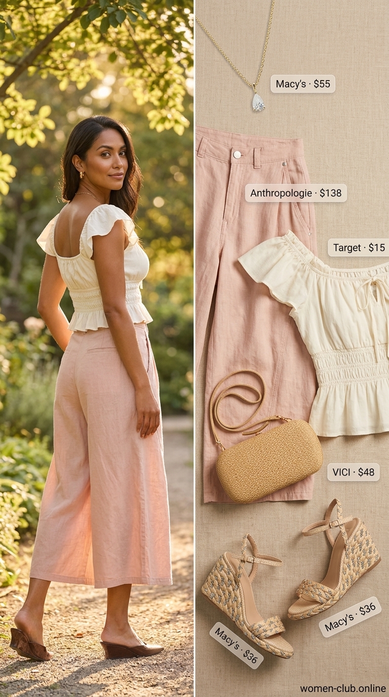 Comfy Plus Size Summer Outfits 2026: Blush Culottes Garden Comfy plus size summer outfits for women 2026: Blush pink culottes, off-shoulder top, and espadrilles for garden party.