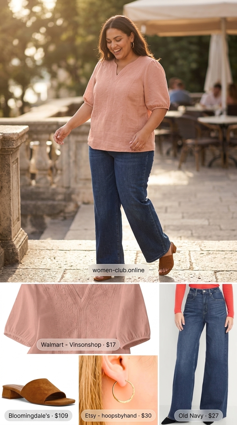 Comfy Plus Size Summer Outfits 2026: Casual Friday Comfy plus size summer outfits for women 2026: Dark wash wide-leg jeans, peach peasant blouse, block heel sandals for casual Friday.