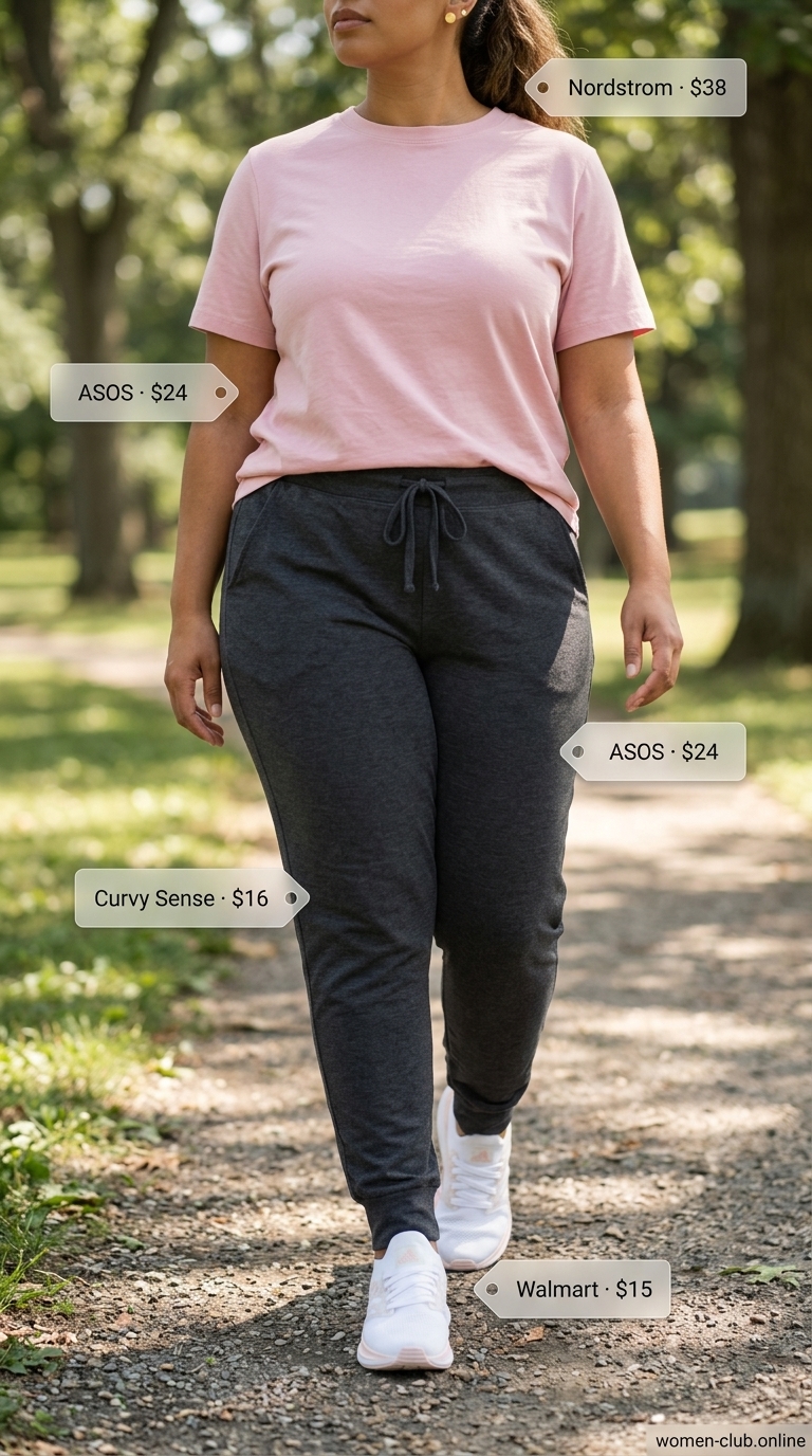 Comfy Plus Size Summer Outfits 2026: Joggers & Tee Style Comfy plus size summer outfits for women 2026: Charcoal joggers, blush tee, sneakers for urban leisure.